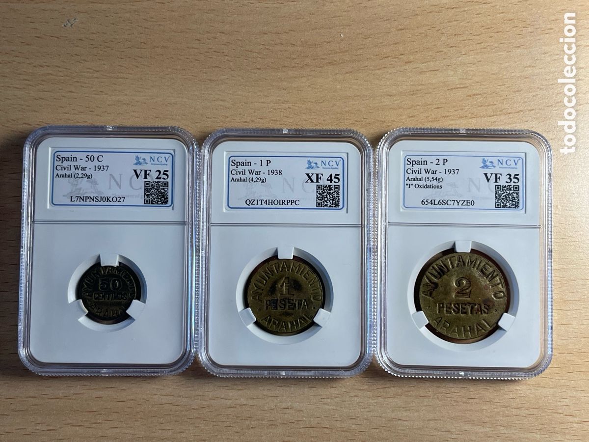 Monedas locales: Serie 3 monedas Arahal encapuchadas por NCV. Guerra civil