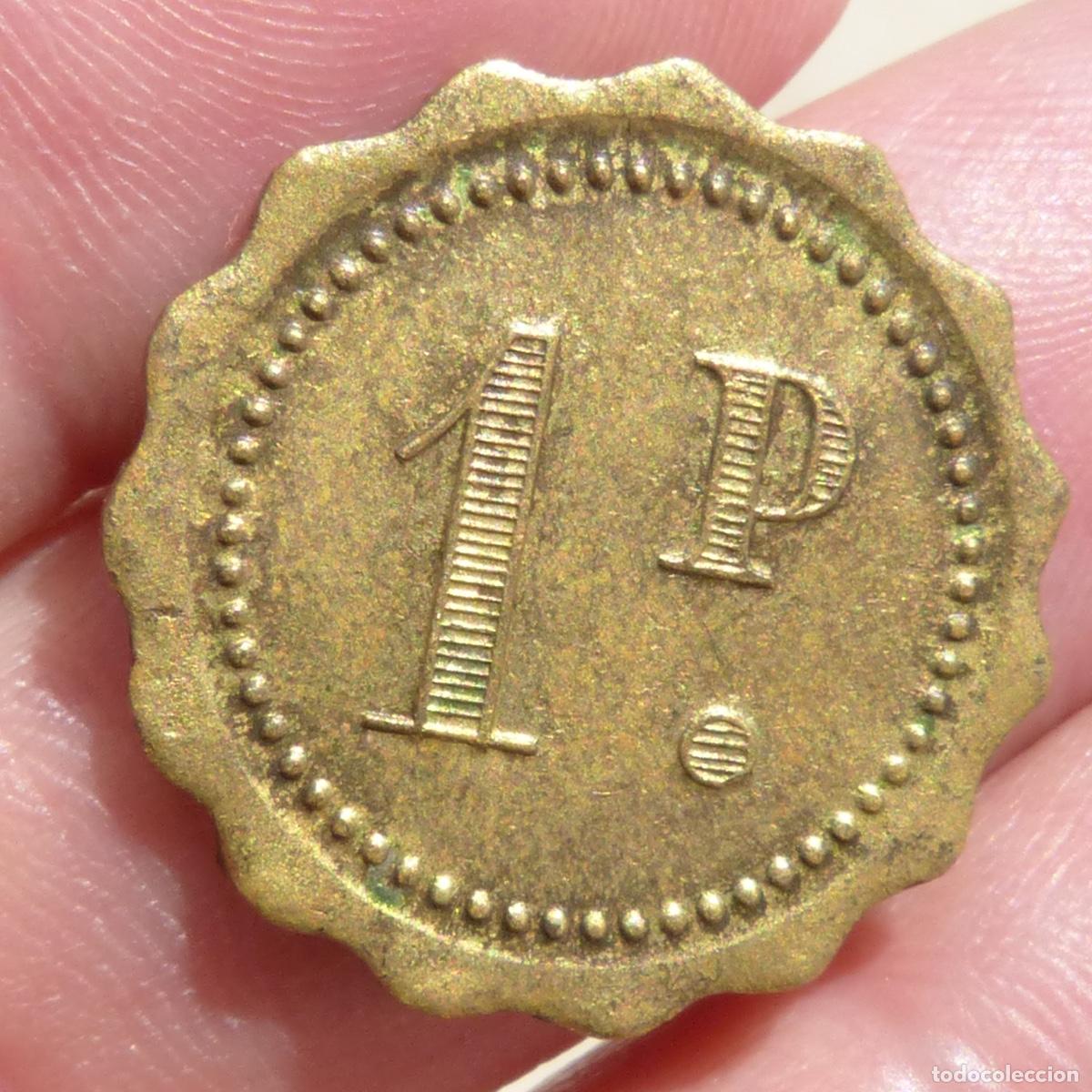 Monedas locales: Antigua ficha o jeton, moneda provisional de una peseta en laton , bordes lobulados, 3,00gr. 23mm.