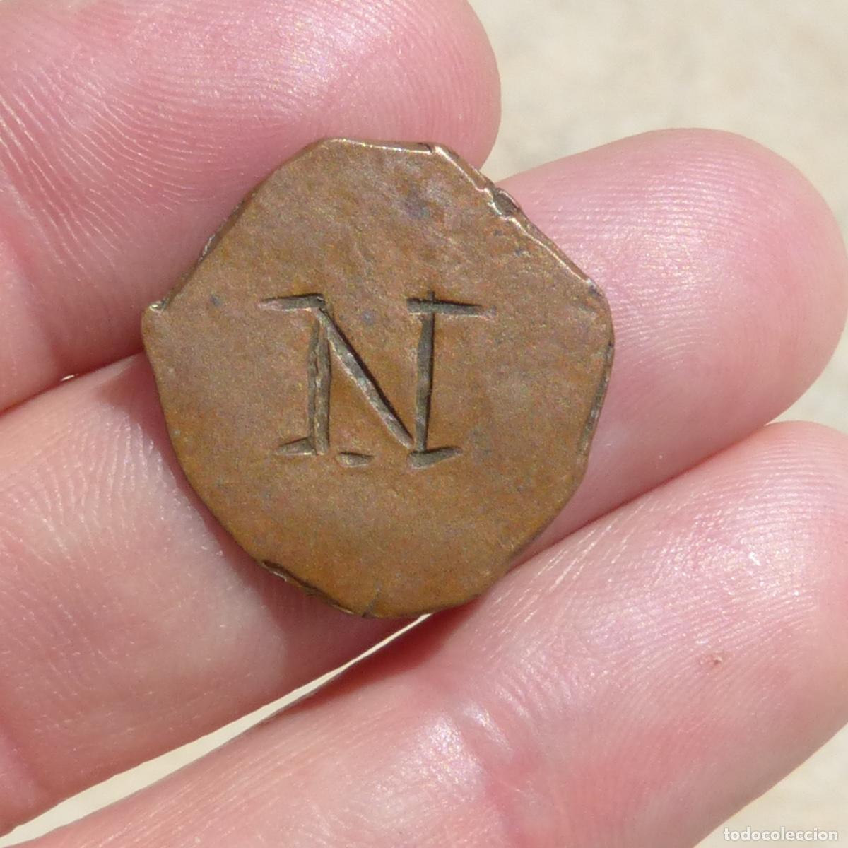 Monedas locales: Antigua ficha o jeton?, moneda provisional napoleonica?, cobre, 3,30gr.