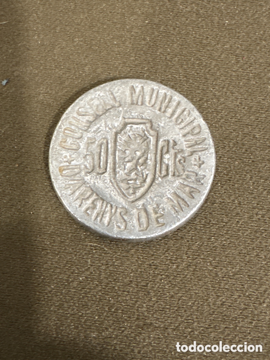 Monedas locales: Antigua moneda guerra civil 50 C&Eacute;NTIMOS ,D&rsquo;ARENYS DE MAR,CONSELL MUNICIPAL*ver fotos*aluminio