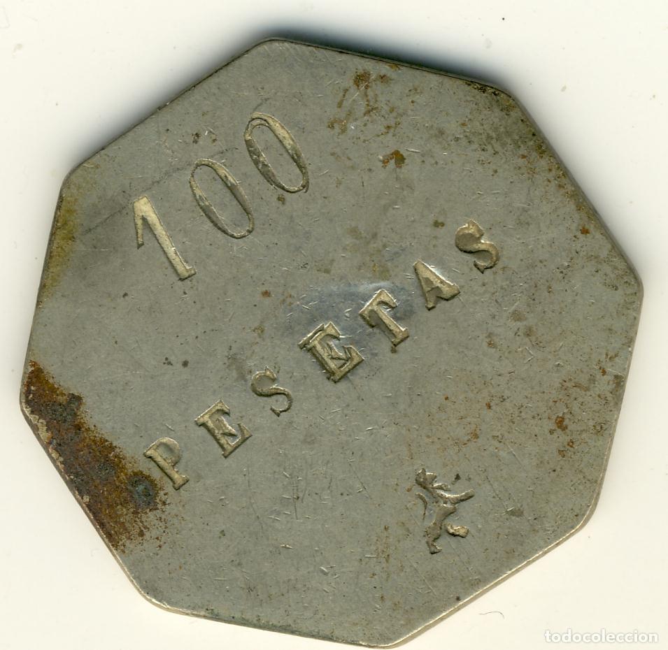 Monedas locales: FICHA 100 PESETAS OCTOGONAL RESELLADA CON LEON RAMPANTE Y FLOR DE LIS -VARIANTE ACU&Ntilde;ACION EN REVERSO