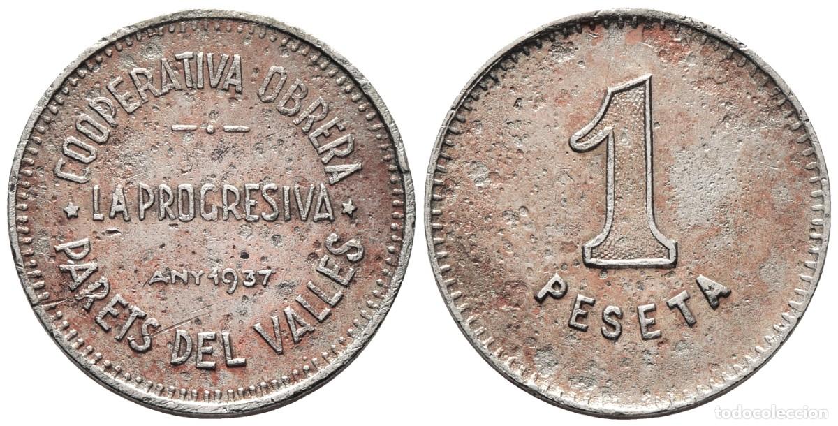 Monedas locales: *** FICHA DE 1 PESETA 1937. COOP. LA PROGRESIVA. PARETS DEL VALLES (BARCELONA) ***
