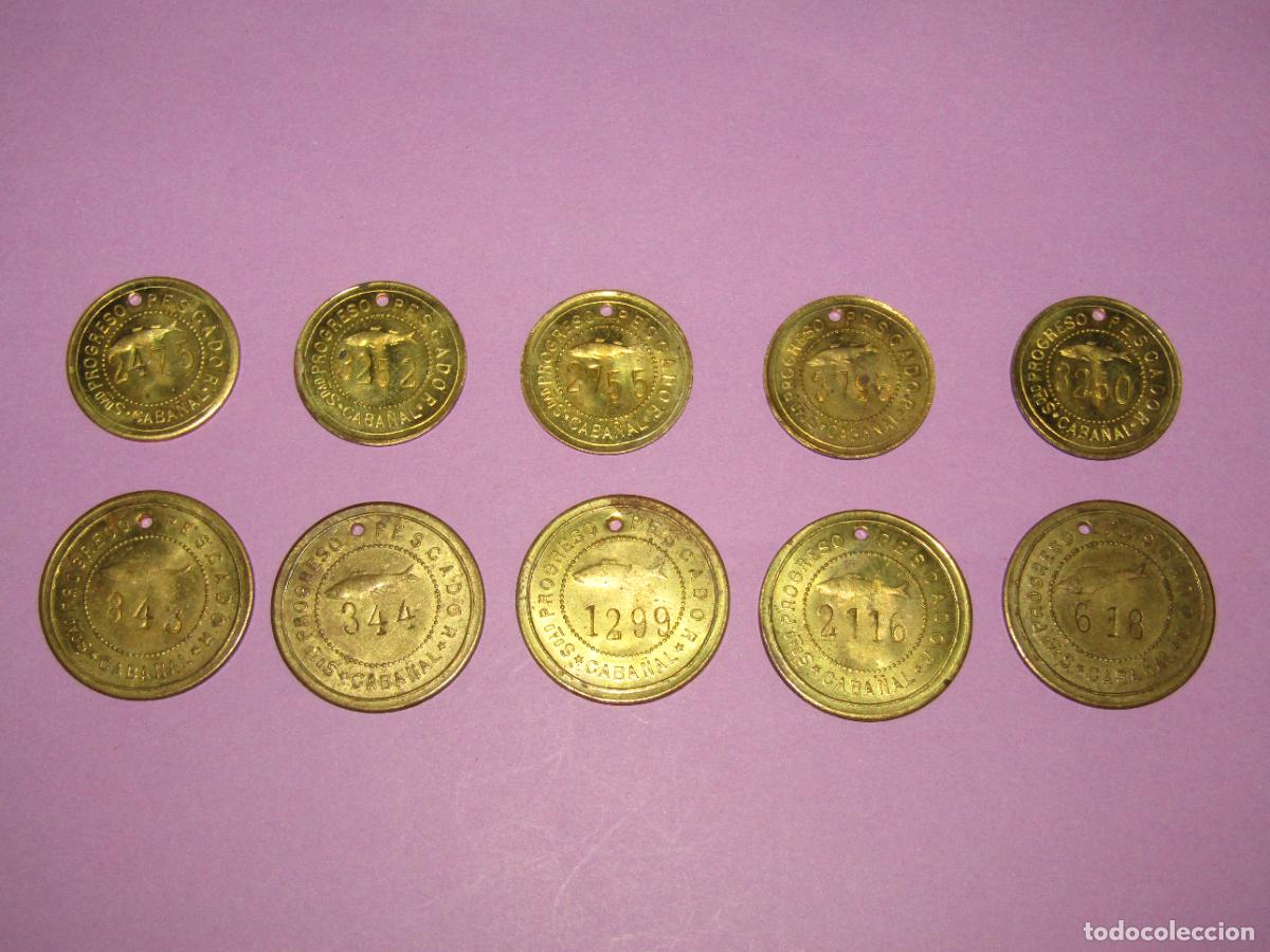 Monedas locales: Antiguas 10 Monedas 1 y 5 Pesetas SOCIEDAD EL PROGRESO PESCADOR de EL CABA&Ntilde;AL de Valencia 1902-1924