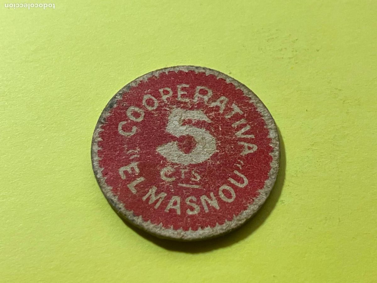 Monedas locales: Ficha Cooperativa El Masnou Guerra Civil - 5 c&eacute;ntimos