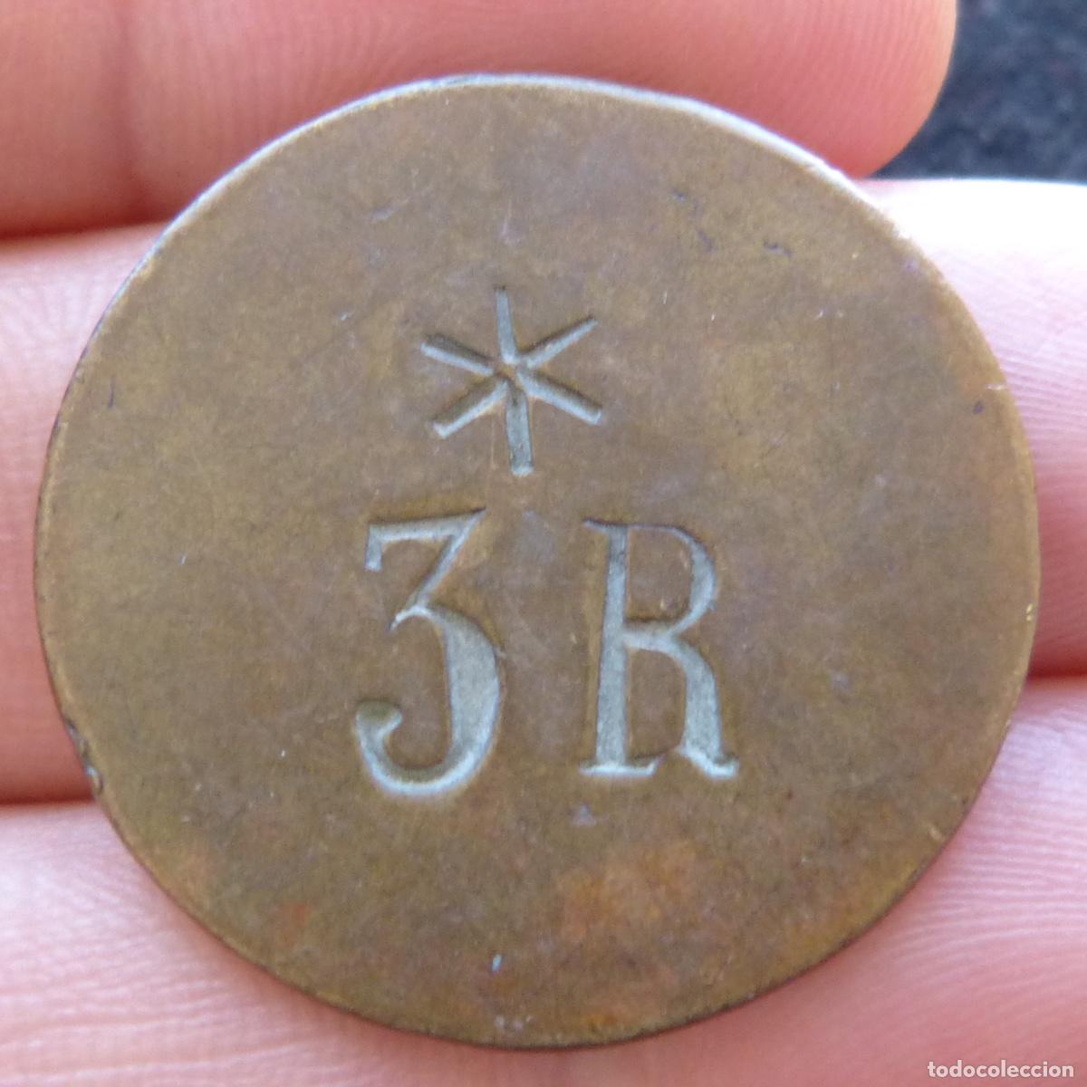 Monedas locales: Antigua ficha o moneda provisional, 3 reales?, 28mm, 4,92gr. Proviene de Gata de Gorgos.