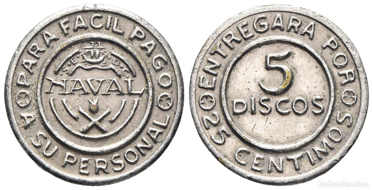 Monedas locales: *** RARA FICHA 5 DISCOS (25 C&Eacute;NTIMOS) 1920&ndash;1950 PARA EL PERSONAL DE TALLERES SAN CARLOS (C&Aacute;DIZ) ***