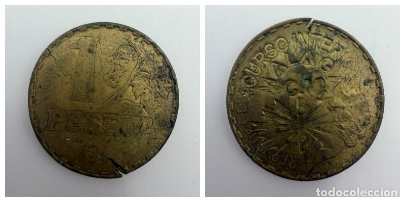Monedas locales: FICHA. 1 PESETA. RESELLADO. CURSO INTERIOR. M&Aacute;LAGA. 1937. VER FOTOS