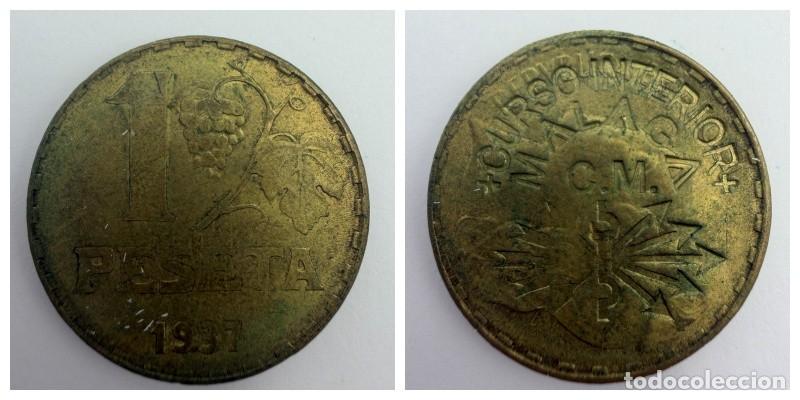 Monedas locales: FICHA. 1 PESETA. RESELLADO. CURSO INTERIOR. M&Aacute;LAGA. 1937. VER FOTOS