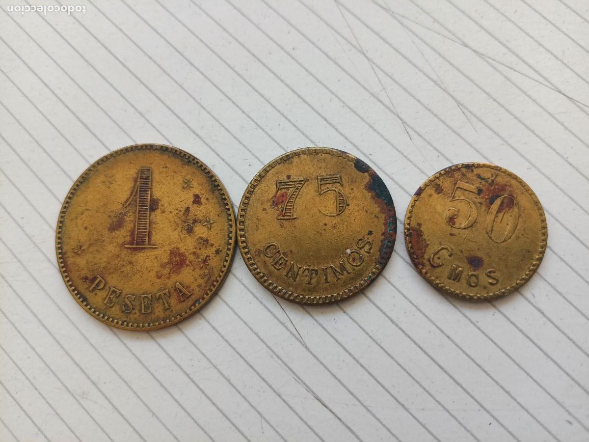 Monedas locales: Juego de fichas de 1 peseta, 50 y 75 C&eacute;ntimos ANTEQUERA (M&aacute;laga) Guerra Civil