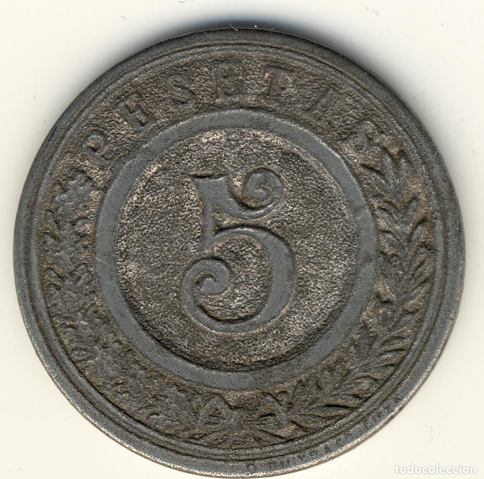 Monedas locales: FICHA DINERARIA DE 5 PESETAS - ZINC