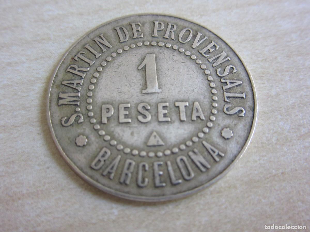 Moedas locais: Ficha monetaria de 1 peseta de la Cooperativa Paz y Justicia S Mart&iacute;n de Provensals Fechada 1907