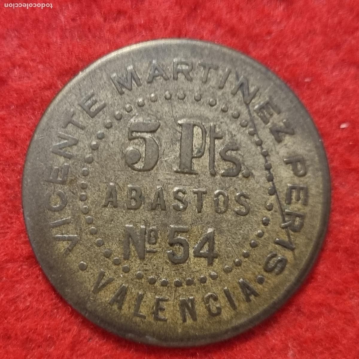 Monedas locales: FICHA VICENTE MARTINEZ PERIS MERCADO ABASTOS VALENCIA 5 PESETAS ANTIGUA ORIGINAL C29