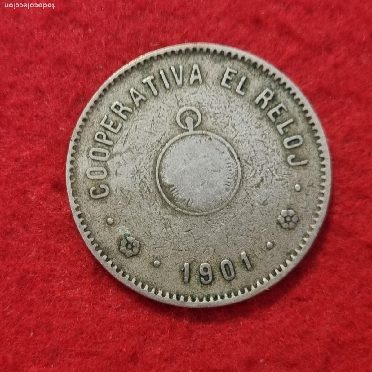 Monedas locales: FICHA COOPERATIVA EL RELOJ 1901 VALOR 5 PESETAS GRANDE ANTIGUA ORIGINAL C29
