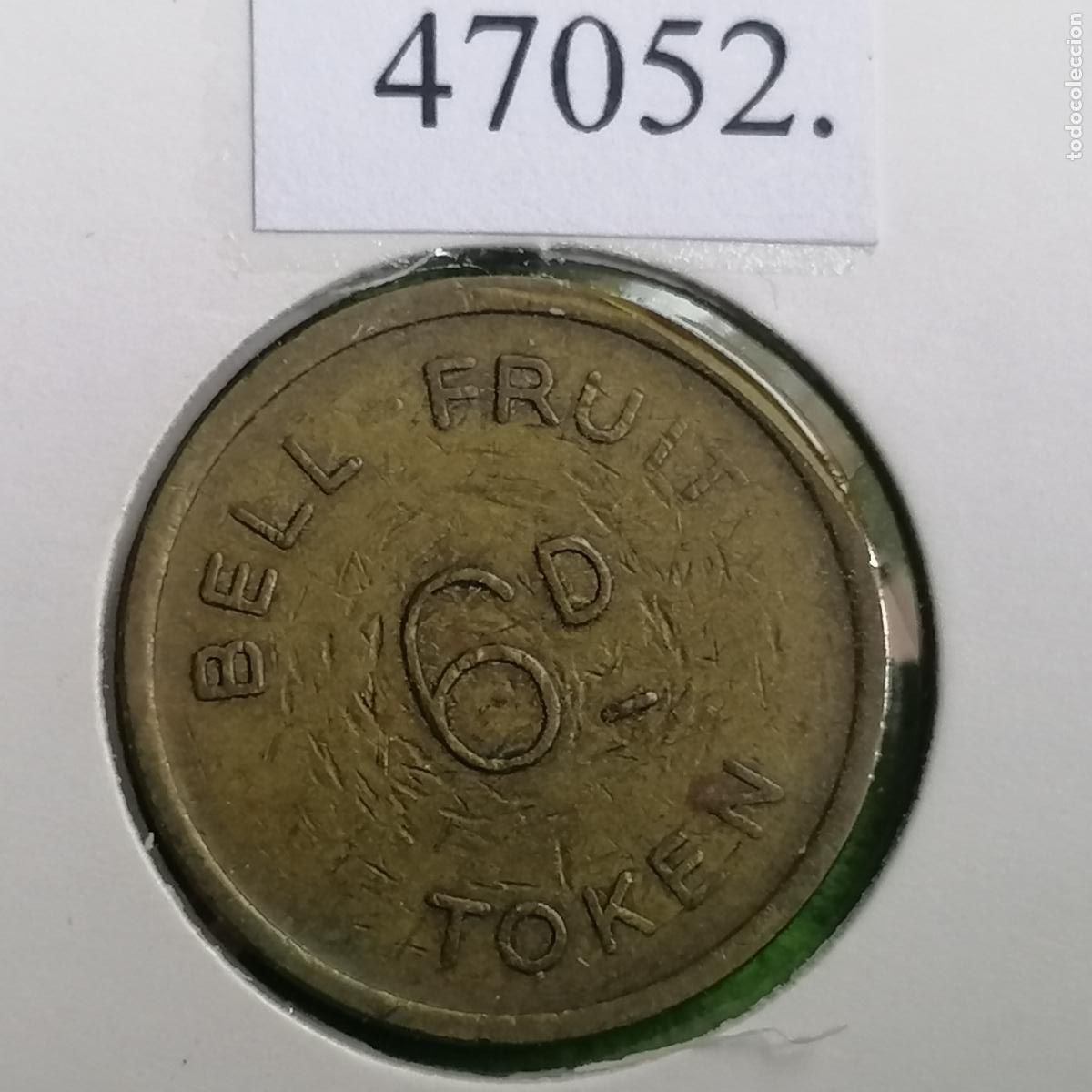 Monedas locales: Ficha UK, Bell-Fruit, transici&oacute;n, 6 D = 2'5 nuevos peniques, juegos recreativos, token, jeton