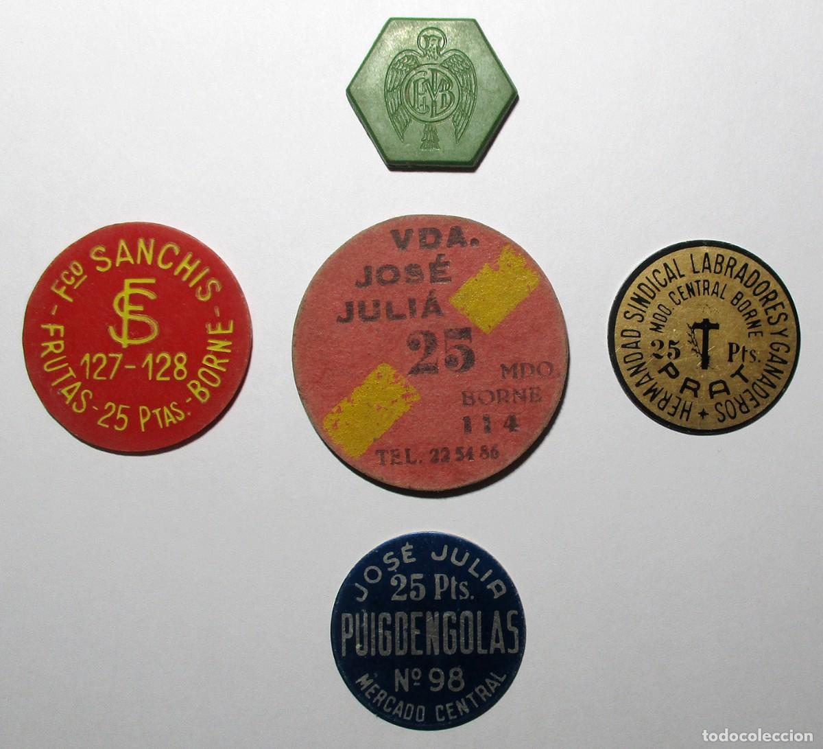 Monedas locales: CONJUNTO DE CINCO FICHAS COMERCIALES DEL MERCADO DEL BORNE DE BARCELONA. LOTE 5692