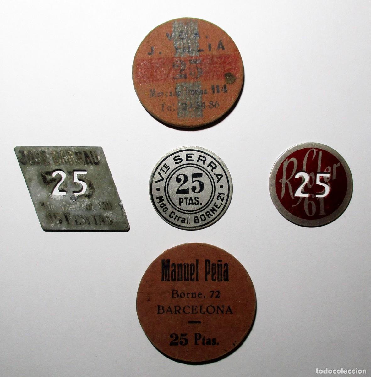 Monedas locales: CONJUNTO DE CINCO FICHAS COMERCIALES DEL MERCADO DEL BORNE DE BARCELONA. LOTE 5693