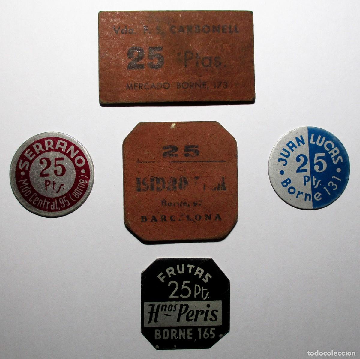 Monedas locales: CONJUNTO DE CINCO FICHAS COMERCIALES DEL MERCADO DEL BORNE DE BARCELONA. LOTE 5694