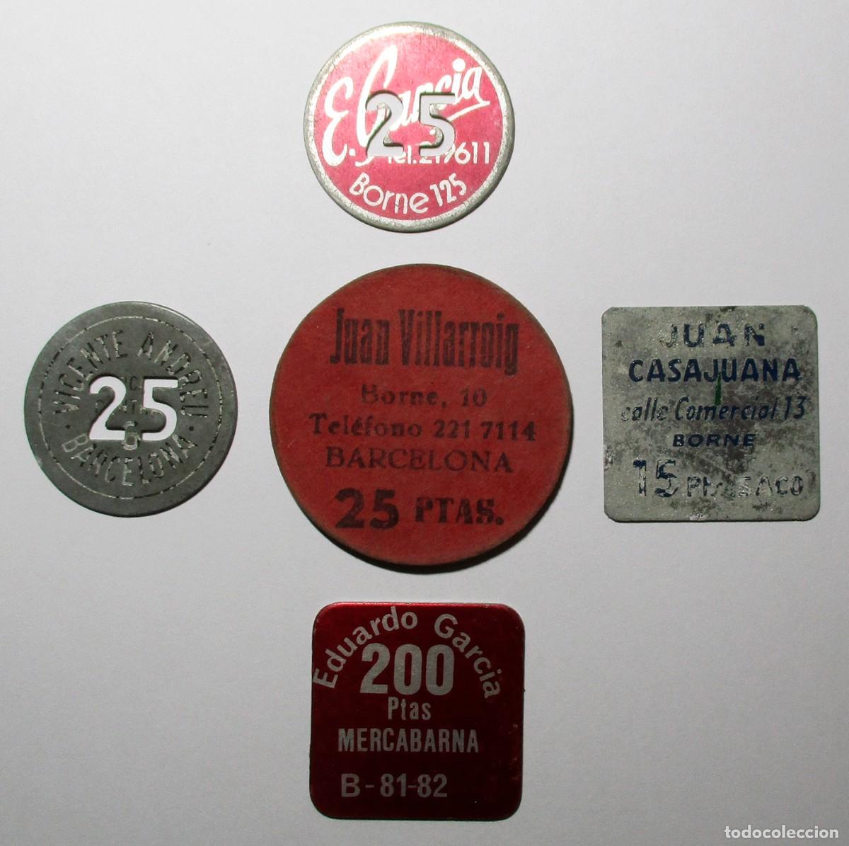 Monedas locales: CONJUNTO DE CINCO FICHAS COMERCIALES DEL MERCADO DEL BORNE DE BARCELONA. LOTE 5695