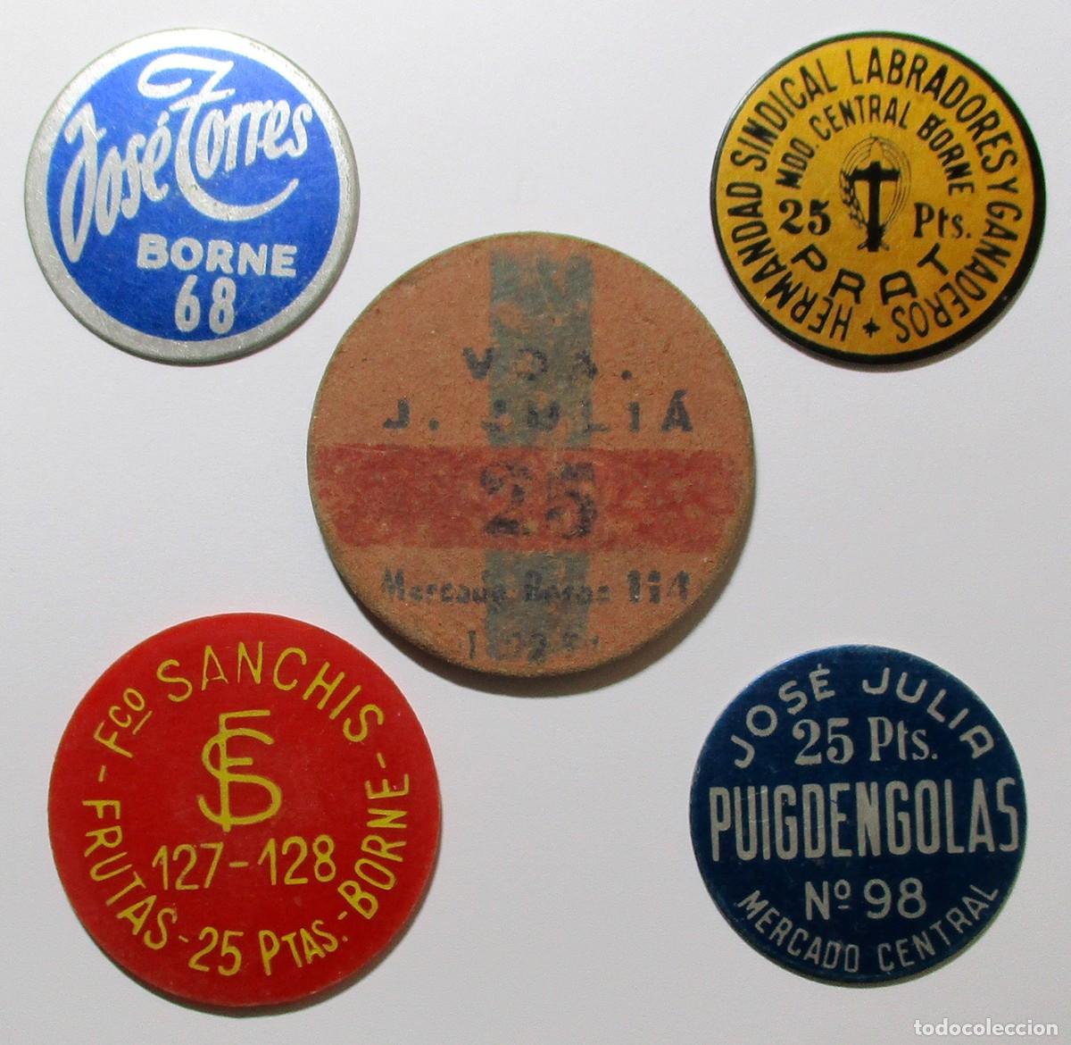 Monedas locales: CONJUNTO DE CINCO FICHAS COMERCIALES DEL MERCADO DEL BORNE DE BARCELONA. LOTE 5700