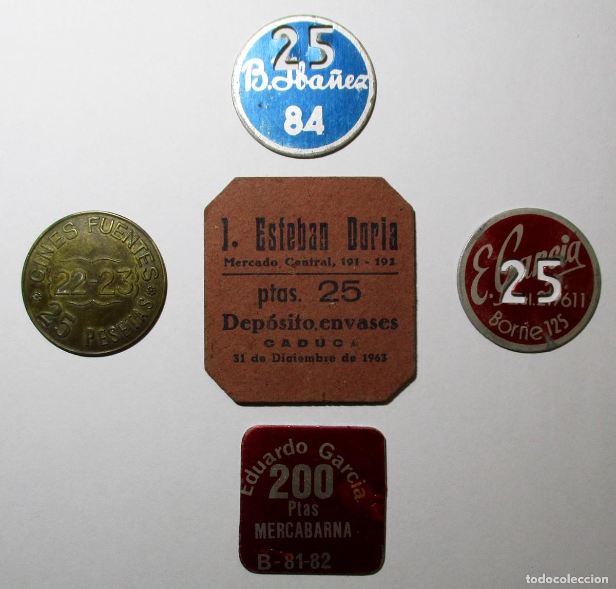 Monedas locales: CONJUNTO DE CINCO FICHAS COMERCIALES DEL MERCADO DEL BORNE DE BARCELONA. LOTE 5701