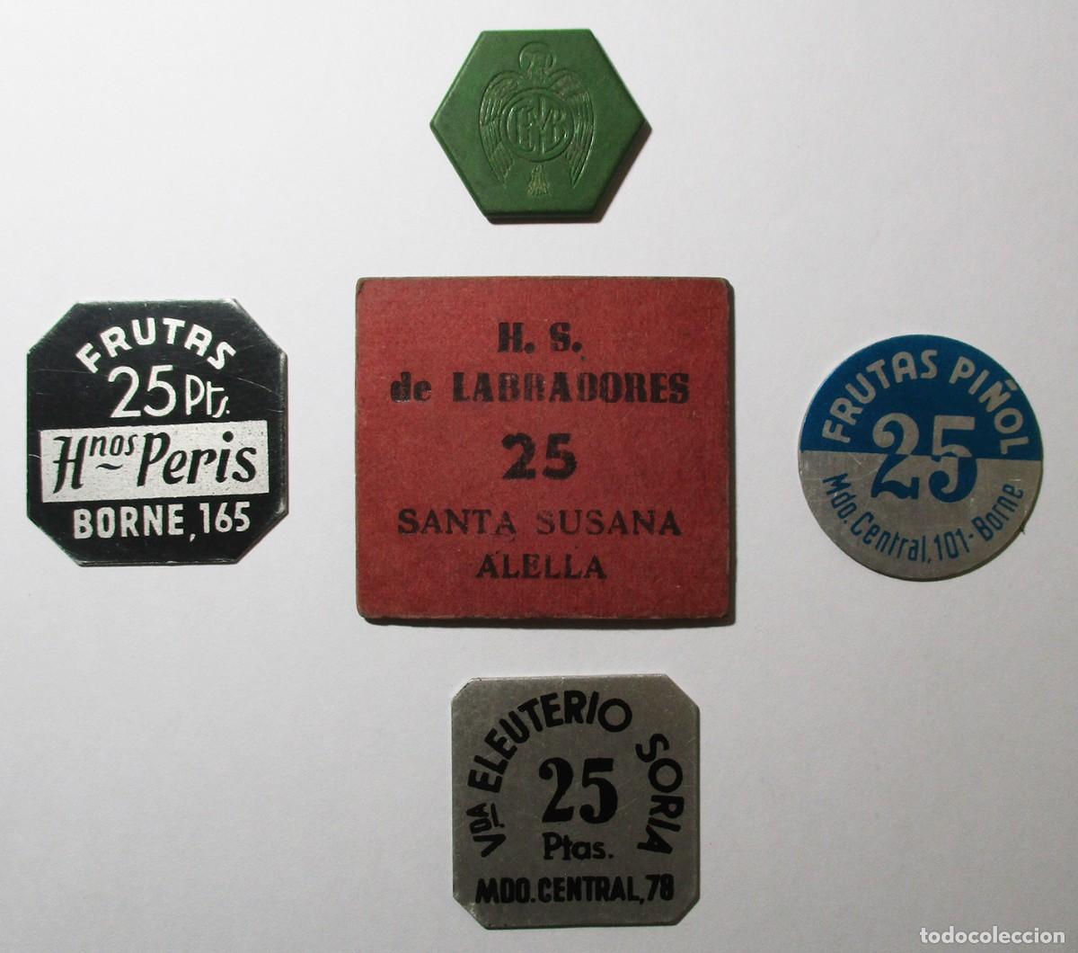 Monedas locales: CONJUNTO DE CINCO FICHAS COMERCIALES DE ALELLA Y DEL MERCADO DEL BORNE DE BARCELONA. LOTE 5703