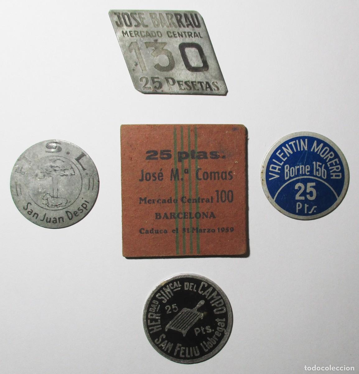 Monedas locales: CONJUNTO DE CINCO FICHAS COMERCIALES DE SAN JUAN DESPI, SAN FELIU Y DEL BORNE DE BARCELONA LOTE 5704