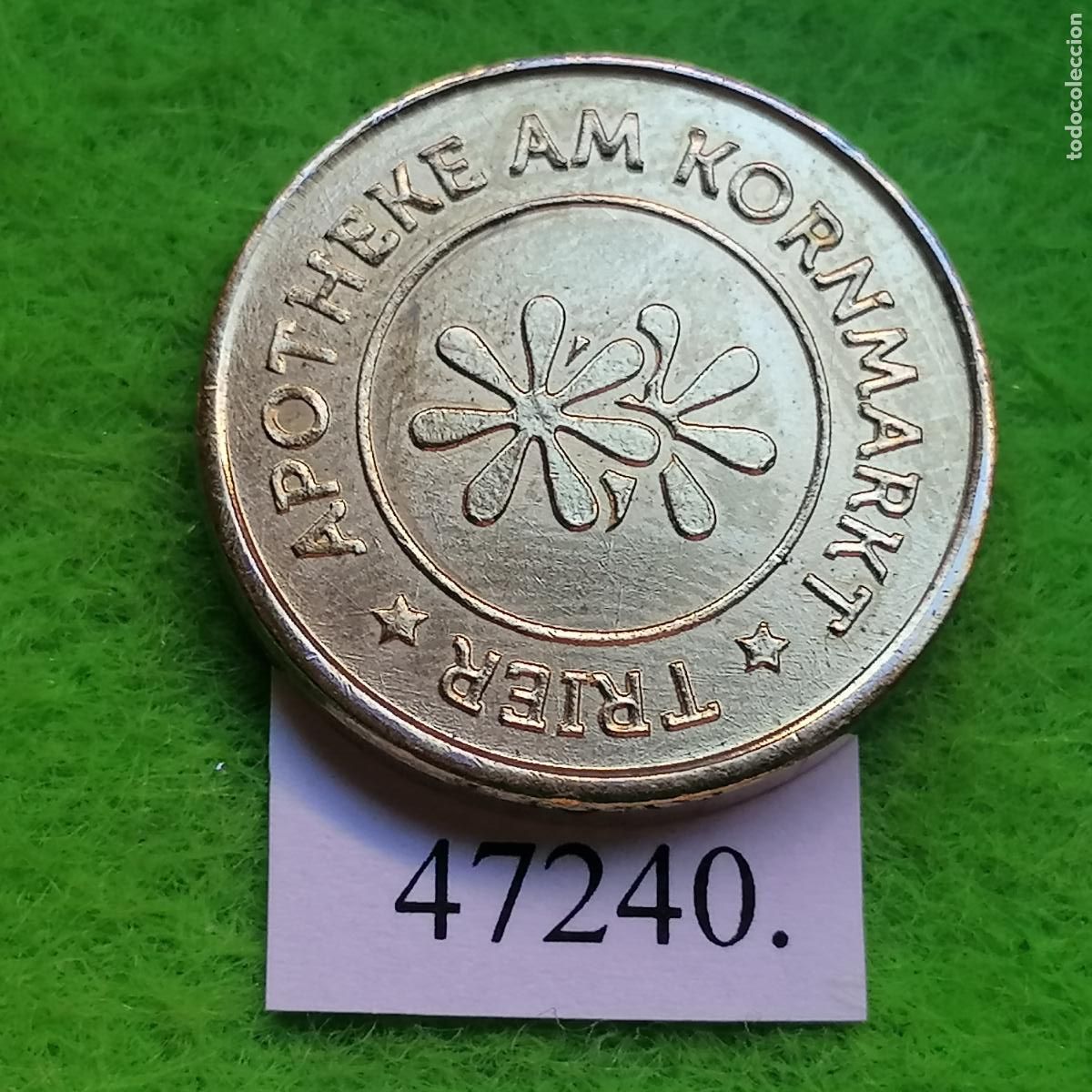 Monedas locales: ficha Alemania, Tr&eacute;veris, Trier, Apotheke am Kornmarkt, farmacia, apotheke, token, jet&oacute;n