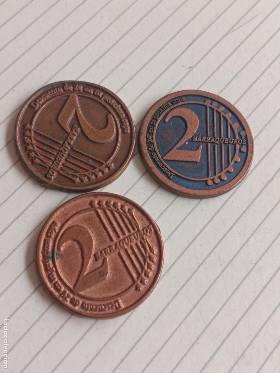 Monedas locales: 3 FICHAS, BARRACA. VALENCIA. 2 BARRAQUEUROS MET&Aacute;LICOS. DESCUENTO DE 2 E EN LA PR&Oacute;XIMA COPA