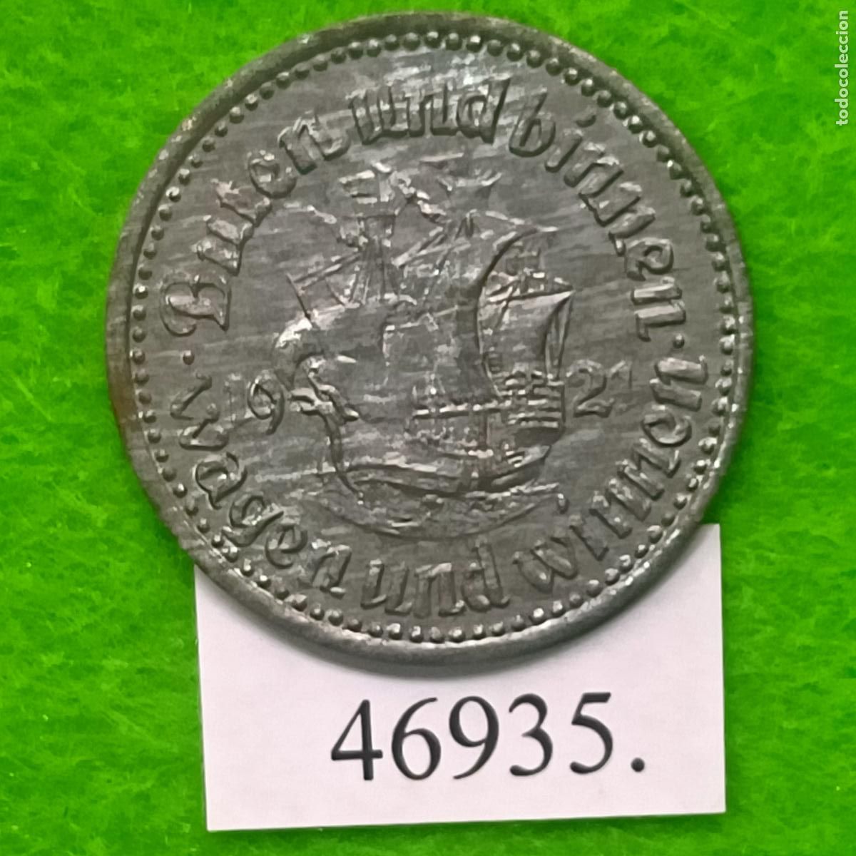 Monedas locales: ficha Bremen Alemania , 50 pfennig 1921, kriegsgelg, token, jet&oacute;n