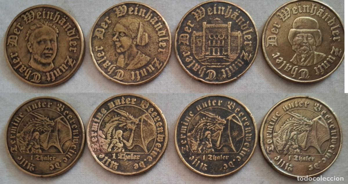 Moedas locais: Lote 4 antiguas fichas token jetones alemanas con valor de 1 Thaler utilizadas en los juegos de rol.