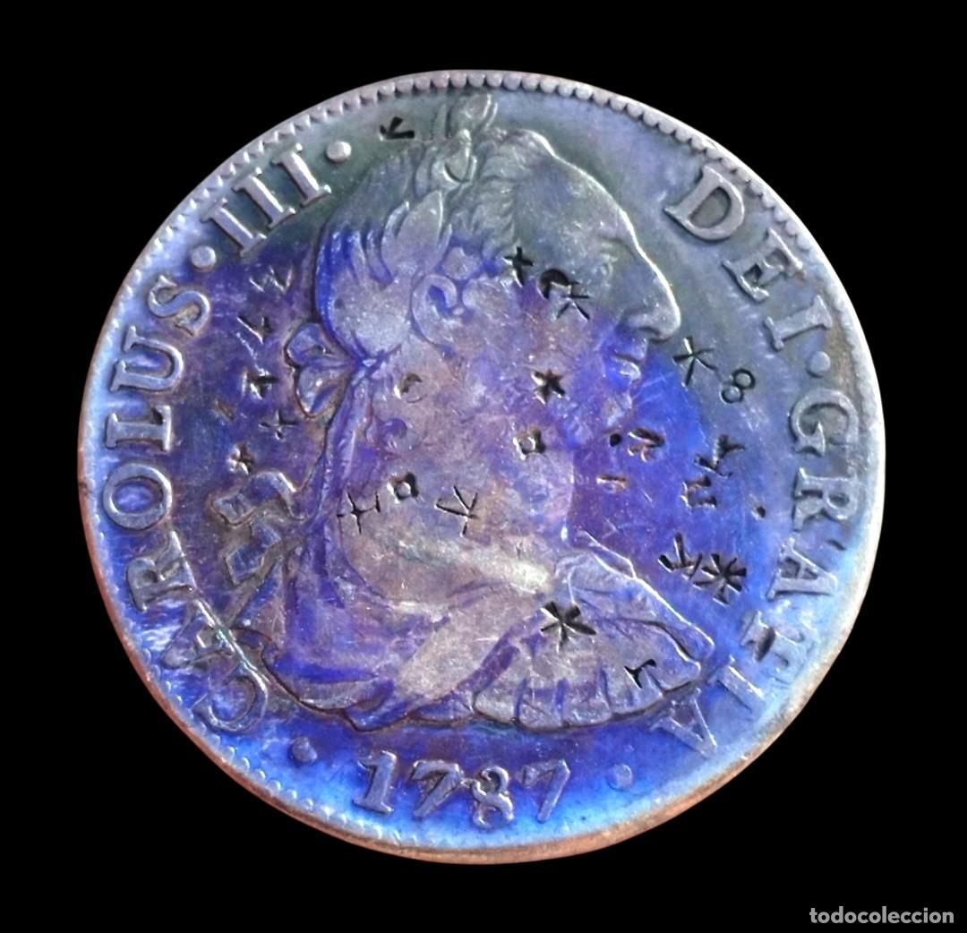Monedas locales: ​8 Reales Carlos III 1787 Mo FM - M&eacute;xico - Plata - Con Marcas Chopmarks Resellos - Preciosa patina