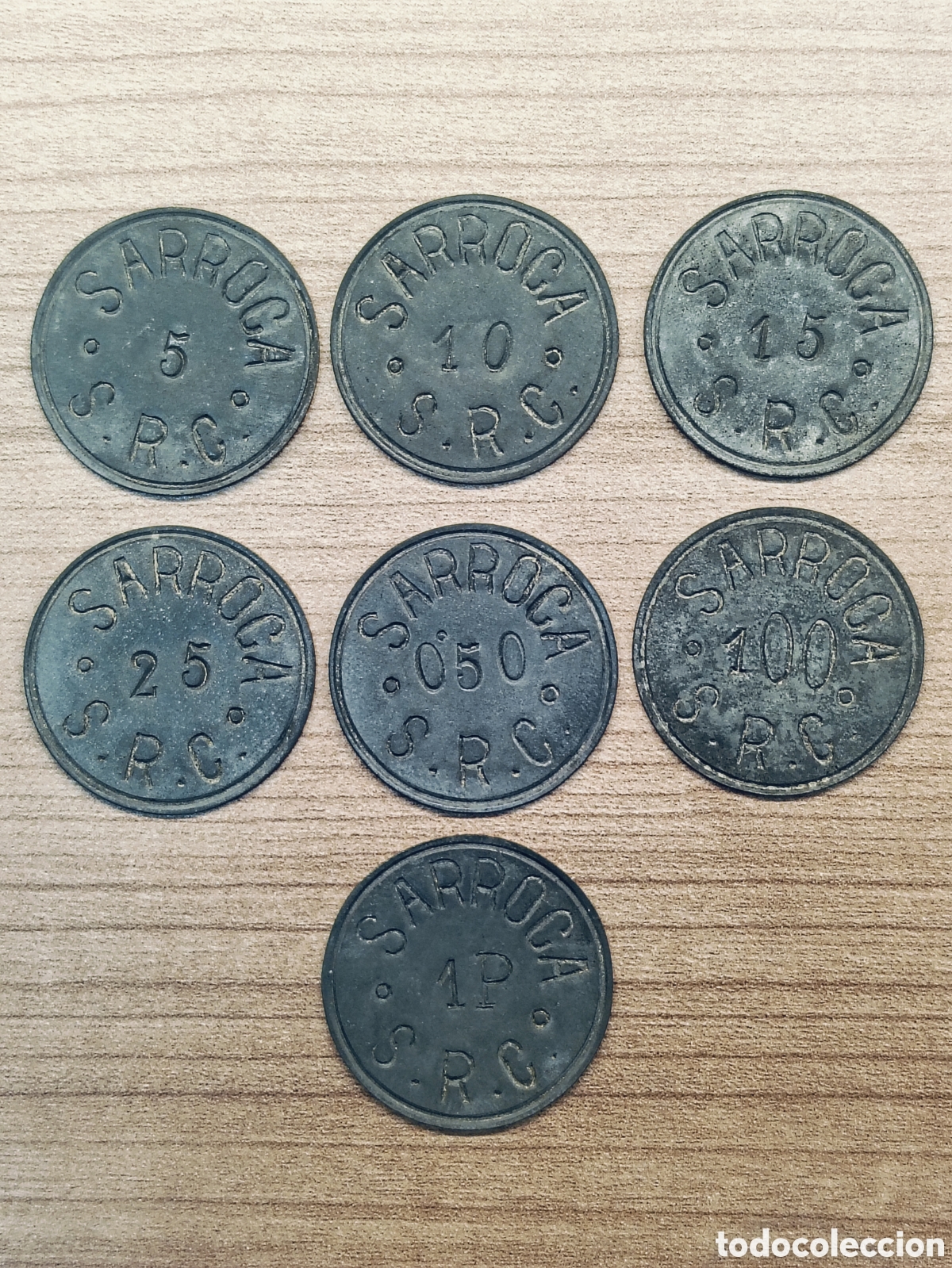 Monedas locales: Sarroca de Segre. Sindicat Rural Cooperatiu. 5, 10, 15, 25, 50, 100 c&eacute;ntimos y 1 peseta.