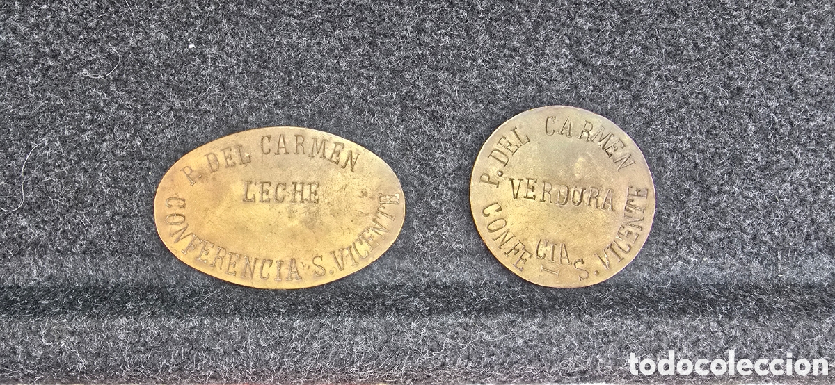 Monedas locales: 2 FICHAS EN METAL LECHE Y VERDURA CONFERENCIA SAN VICENTE , PLAZA O P. DEL CARMEN . MURCIA..?