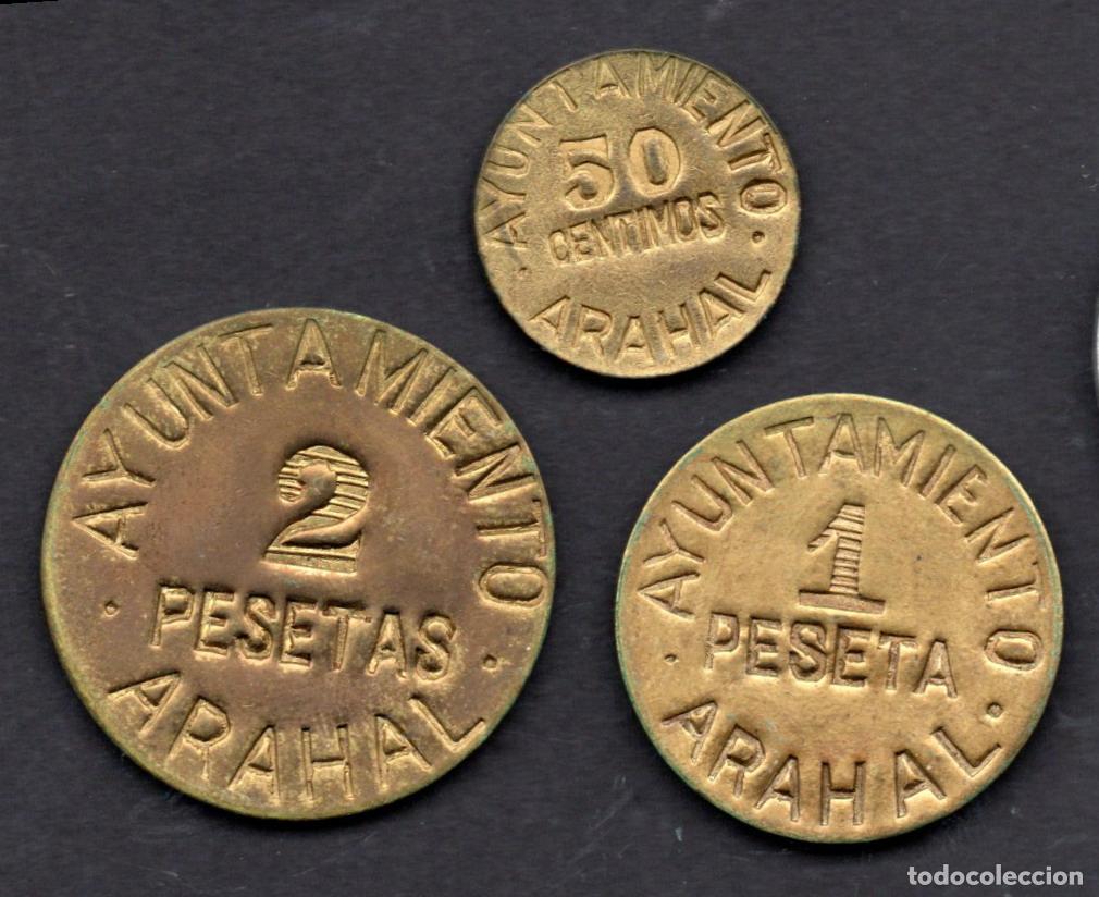 Monedas locales: ARAHAL - 50 CTMS, 1 y 2 PTAS - SERIE COMPLETA GUERRA CIVIL - LEER INTERIOR