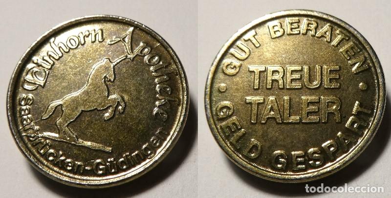 Monedas locales: Ficha comercial Stadt Apotheke Saarbr&uuml;cken, farmacia alemana en la ciudad de Saarbr&uuml;cken