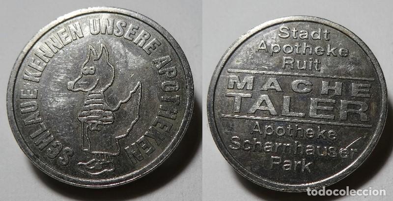 Monedas locales: Ficha de farmacia alemana (Apotheken Taler) de la regi&oacute;n de Ruit, Apotheke Scharnhauser Park.