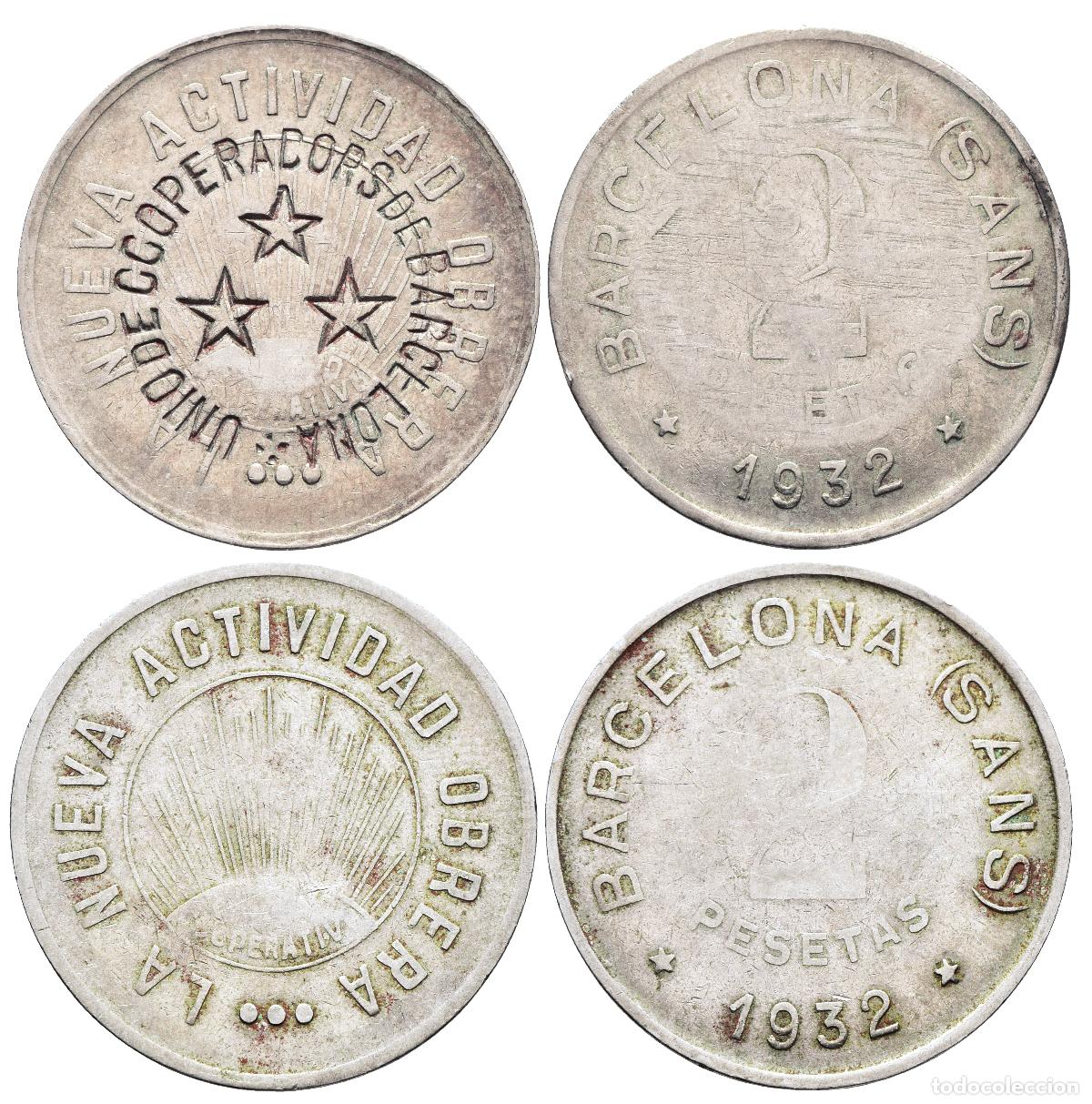 Monedas locales: *** LOTE X 2 FICHAS DE 2 PESETAS 1932. NUEVA ACTIVIDAD OBRERA Y UNI&Oacute; COOP. BARCELONA (SANS) ***