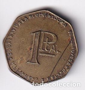 Monedas locales: FICHA DE 1 PESETA DE LA COOPERATIVA LA REGENERADORA VILLANOVESA DE VILLANUEVA Y GELTRU (MONEDA-COIN)