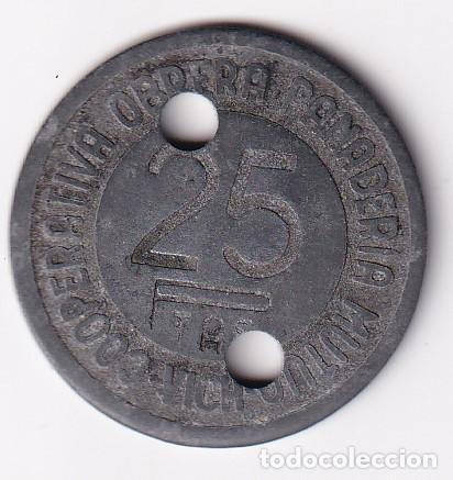 Monedas locales: FICHA DE 25 PESETAS DE LA COOPERATIVA OBRERA PANADERIA MUTUA DE VICH (VIC) (RARA) (MONEDA-COIN)