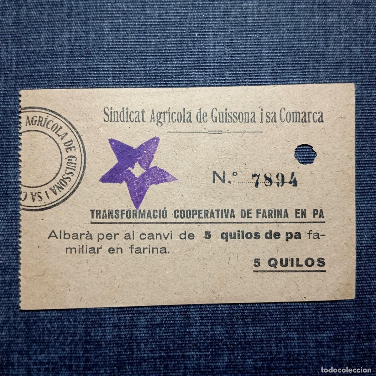 Monete locali: ⚜️ &Ntilde;09X01. Vale Sindicat Agricola de Guissona 5 Quilos Farina Pa Billete Albaran Antigua Cooperativa