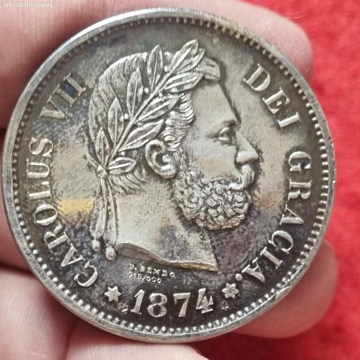 Monnaies locales: MONEDA PLATA 0,915 CARLOS VII CARLISTA 5 PESETAS 1874 MEDALLA CONMEMORATIVA LIMITADA 400ORIGINAL C39