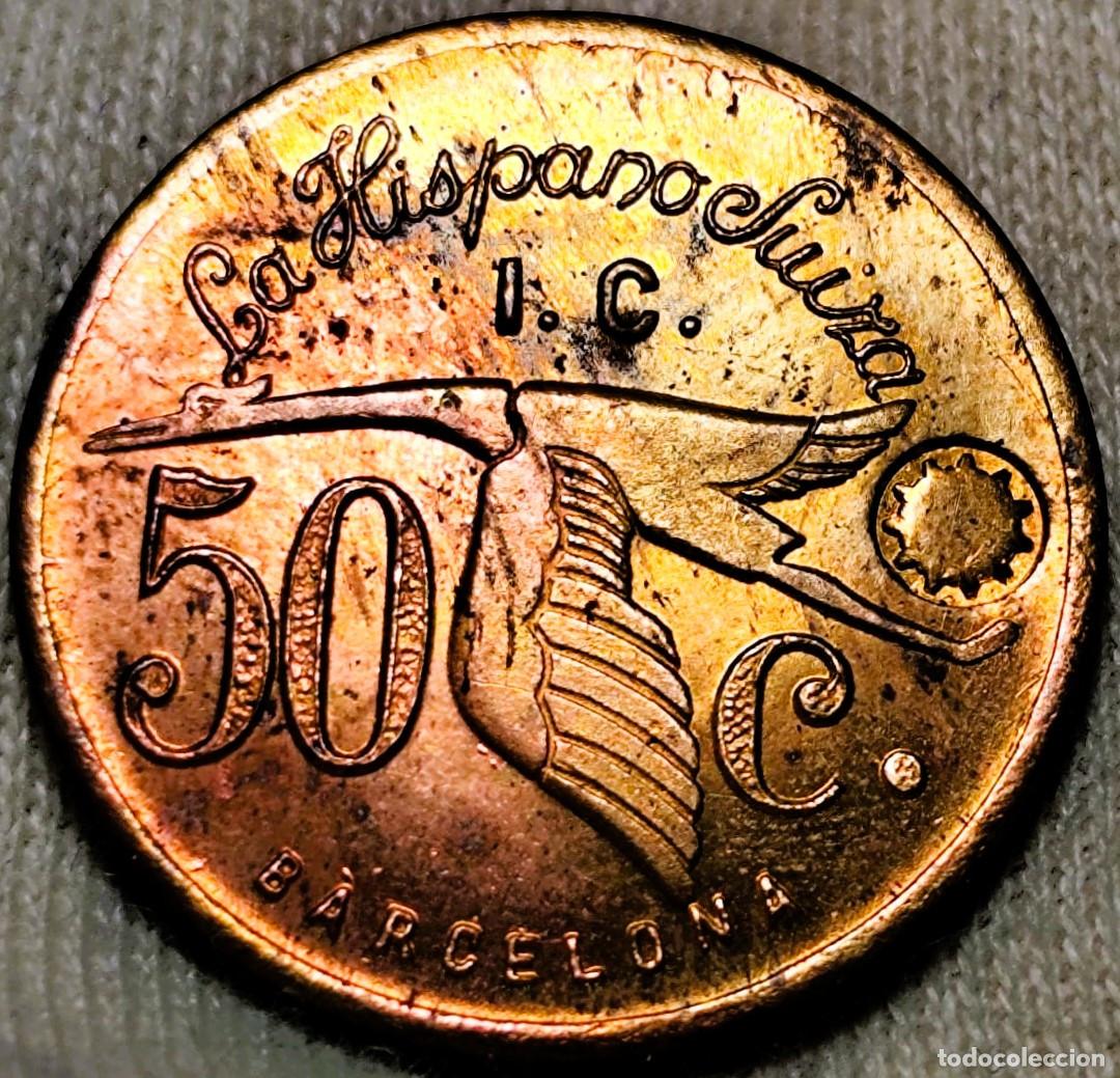 Monedas locales: Espa&ntilde;a &ndash; Guerra Civil &middot; Hispano‑Suiza &middot; 50 C&eacute;ntimos &middot; Lat&oacute;n (Barcelona) &middot; Lote 2570