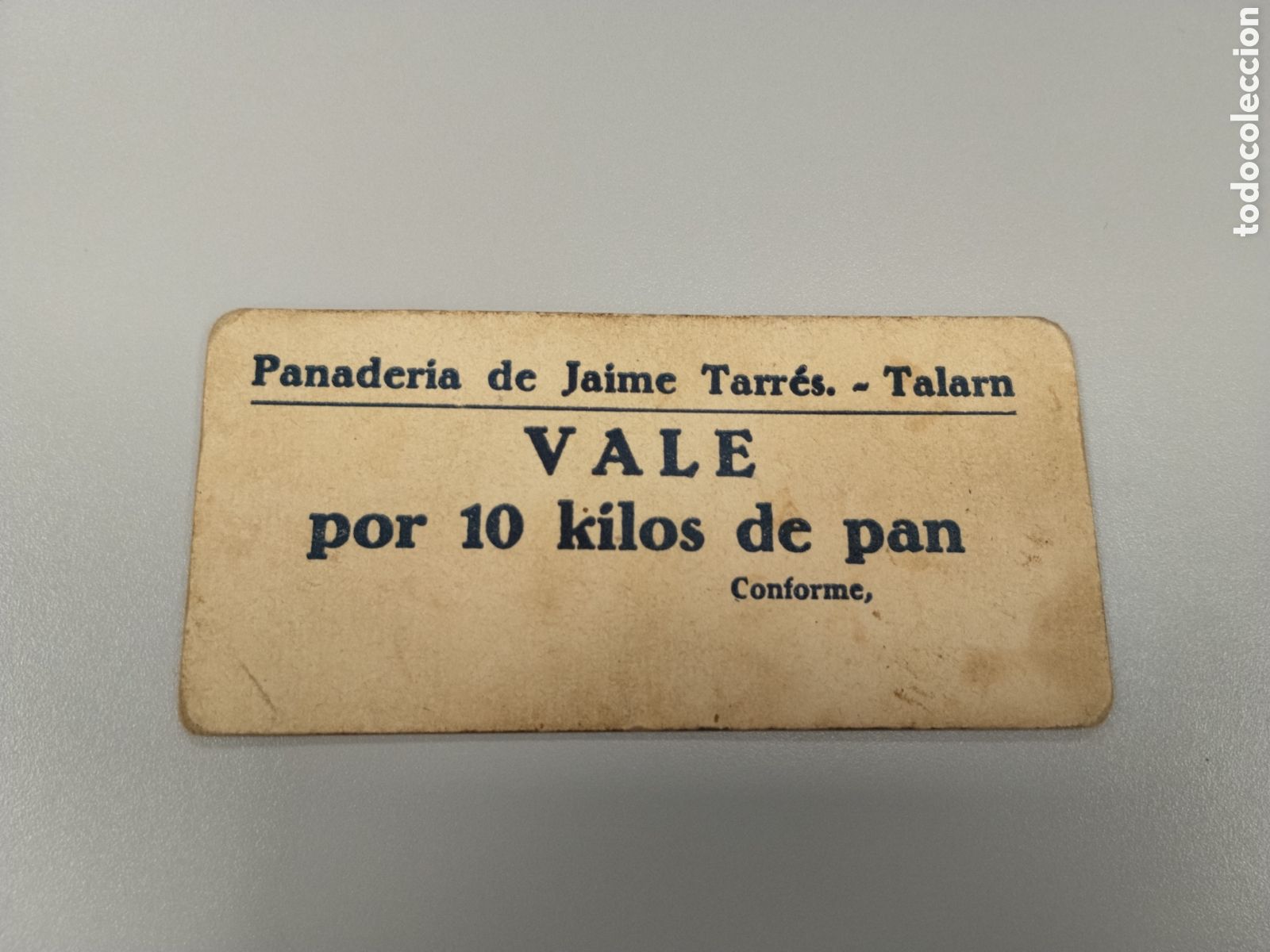 Monedas locales: Vale de 10 kg de pan.talarn. Catalunya. Racionamiento.vale local.jaime terres.auxilio social.cartill