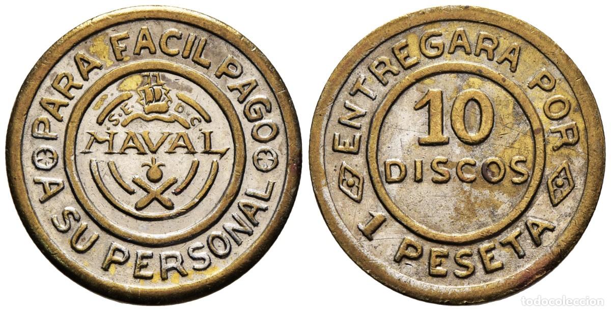 Monedas locales: * MUY BONITA FICHA 5 DISCOS (1 PESETA) 1920&ndash;1950 PARA EL PERSONAL DE TALLERES SAN CARLOS (C&Aacute;DIZ) *