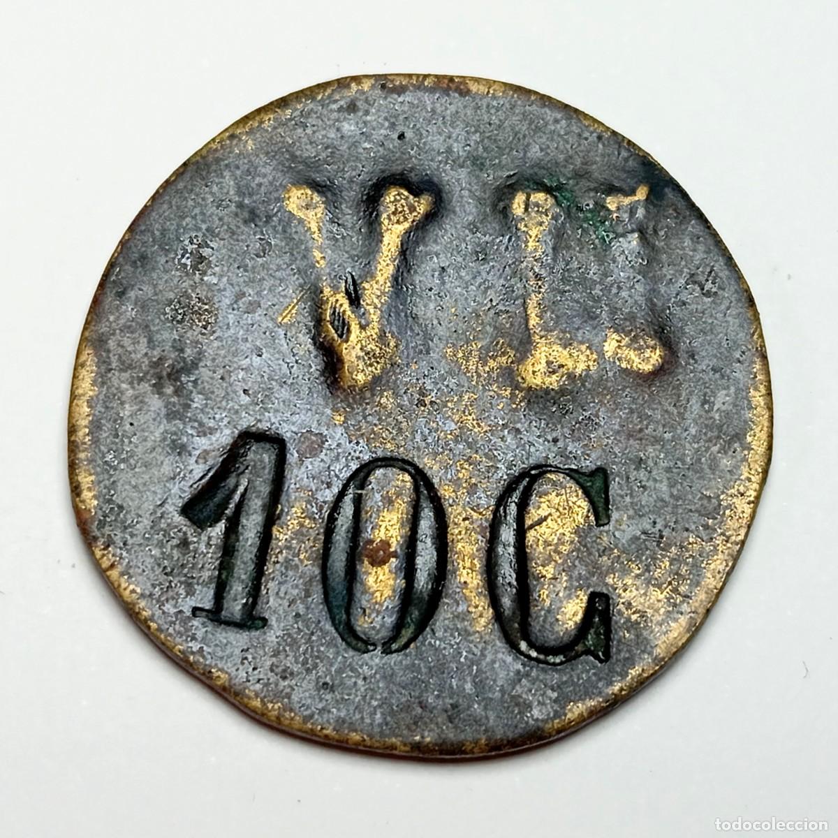 Monedas locales: ⚜️ BBG5 0. Resello artesanal MV 10C Ficha de Cooperativa o Comercio Tejo de Laton Bronce Token
