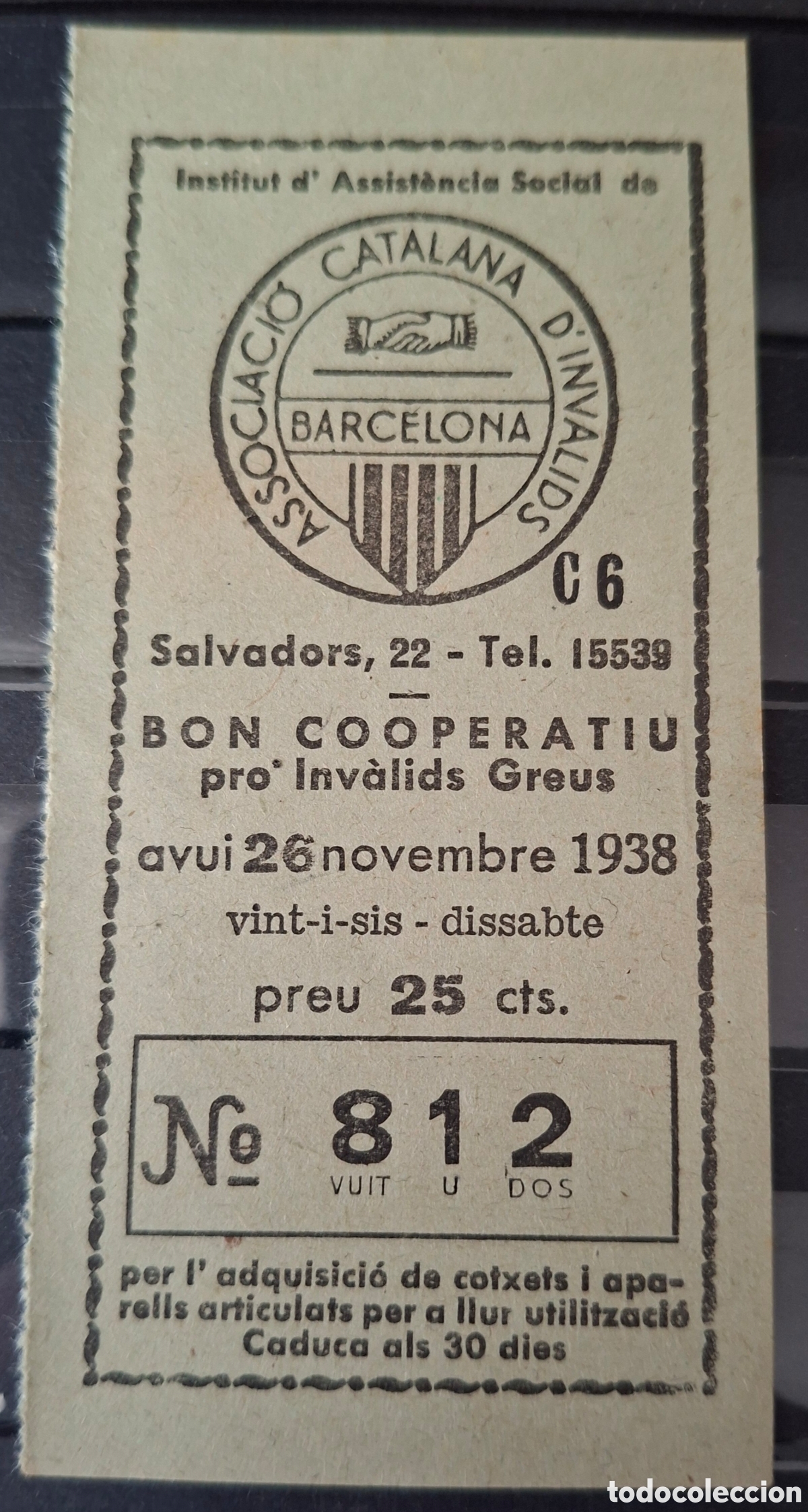 Monedas locales: Guerra civil Bon Cooperatiu pro inv&aacute;lidos graves 25 cts 1938