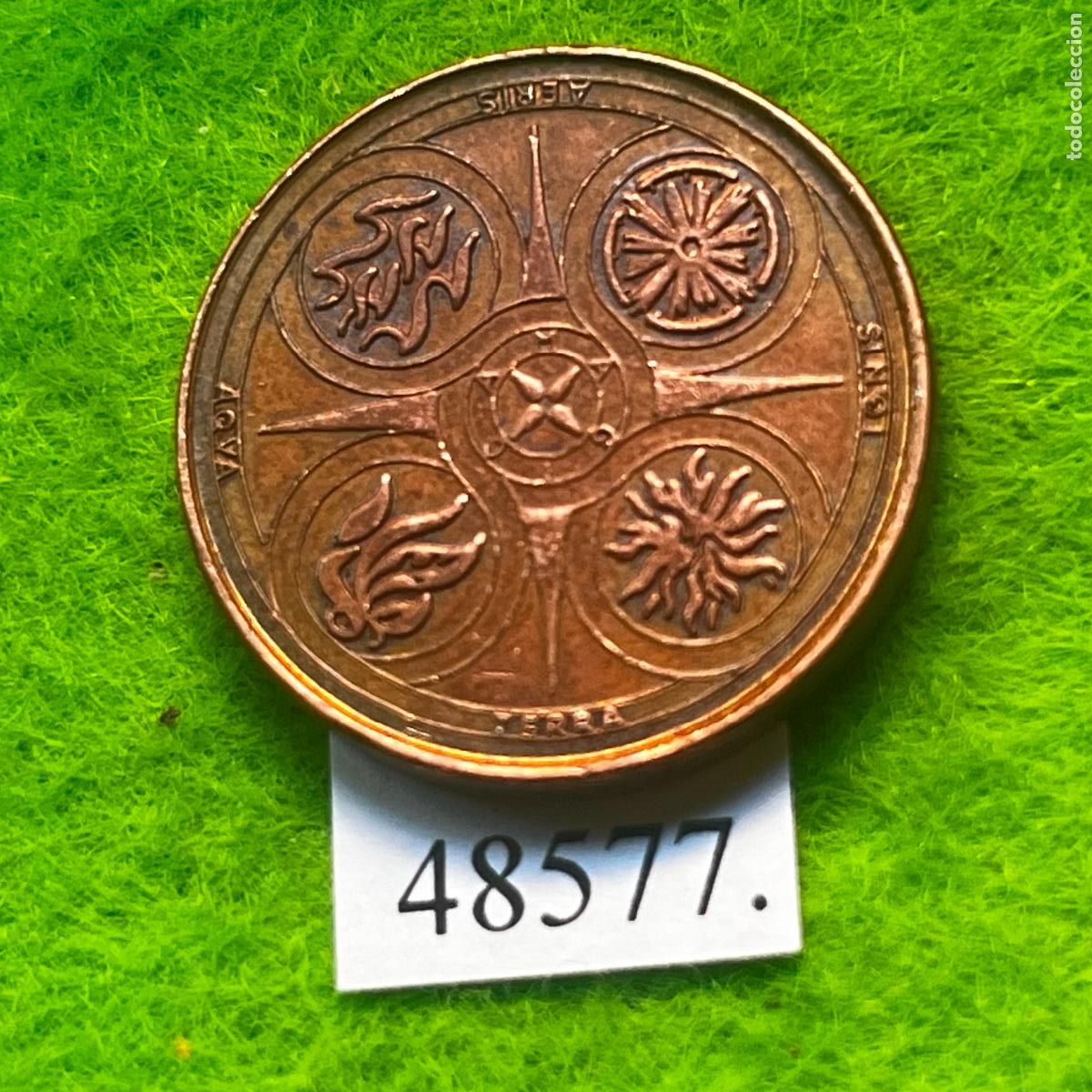 Monedas locales: ficha Alemania Mansfeld, miner&iacute;a 750 a&ntilde;os, IGNIS fuego, TERRA tierra, AQUA agua, AERIS aire, jet&oacute;n