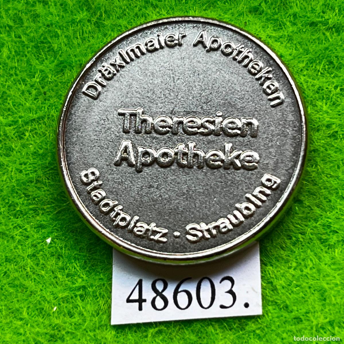Monedas locales: ficha Alemania, Straubing, Theresien Apotheke, Stadtplatz, token, jet&oacute;n