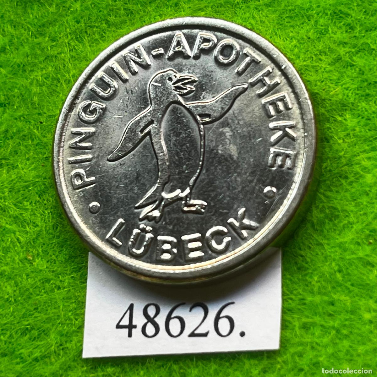 Monedas locales: Ficha Alemania, L&uuml;beck, Pinguin Apotheke, farmacia, token, jeton