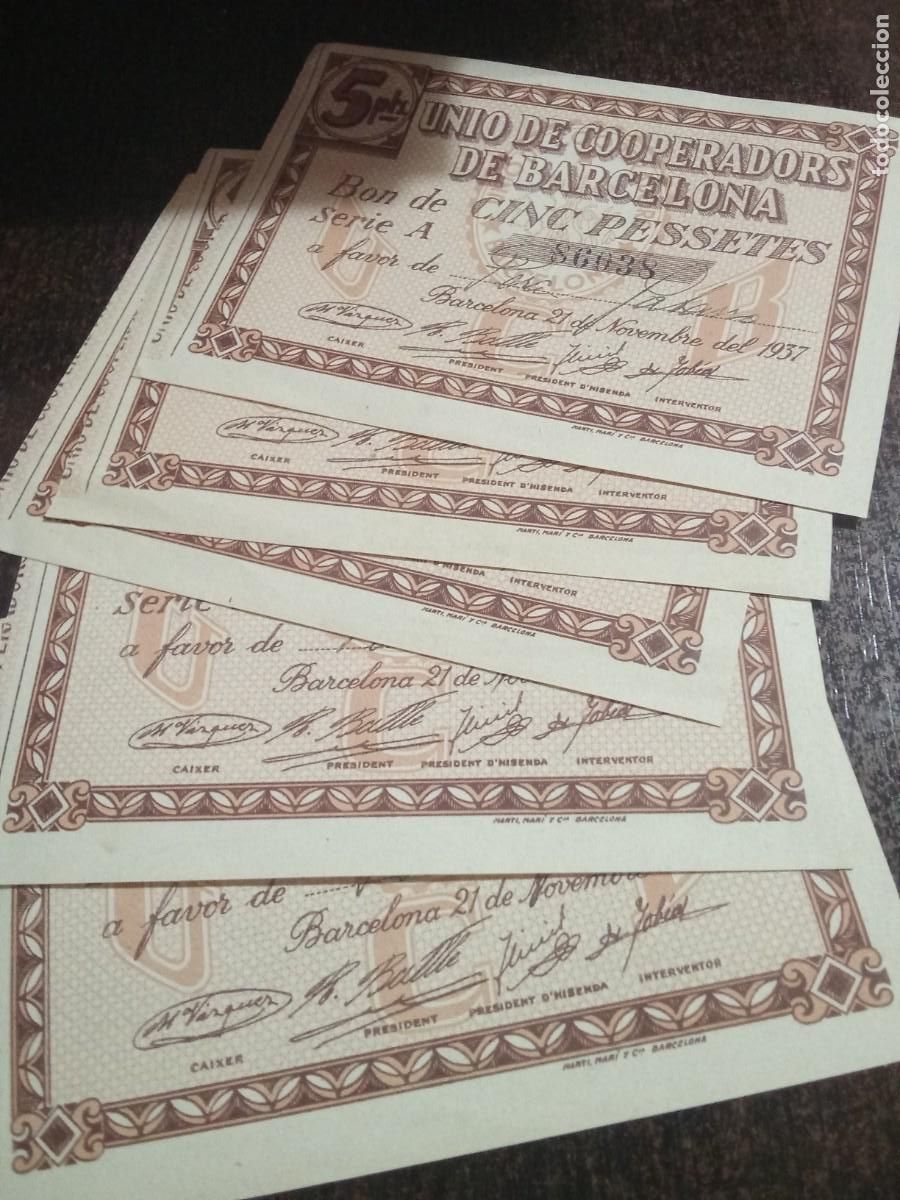 Monedas locales: UNIO DE COOPERADORS DE BARCELONA BON DE CINC PESSETES . 5 unitats.